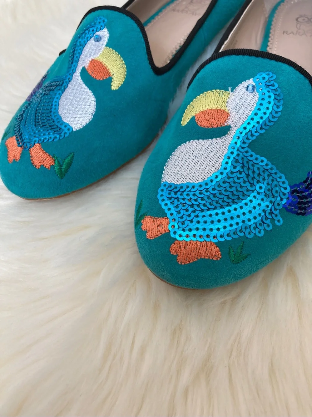 Rara Avis by Iris Apfel Turquoise Suede Pelican Sequin Flats Loafer Dodo bird 8